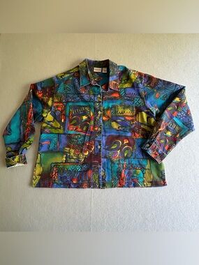 Aztec Art Chico's Button Down Shacket Womens Size 2 Multi Color Abstract Art